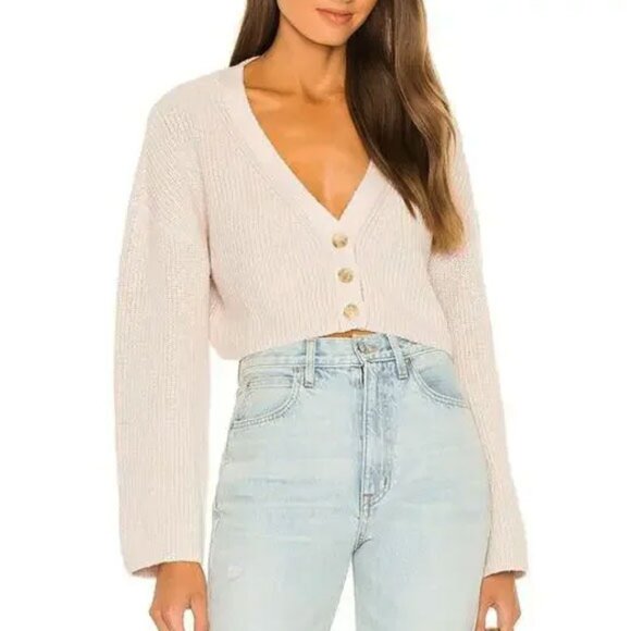 Weekend Stories Alice Crop Ribbed Knit Bell Sleeve Cardigan M Neutral/Beige - Picture 1 of 6